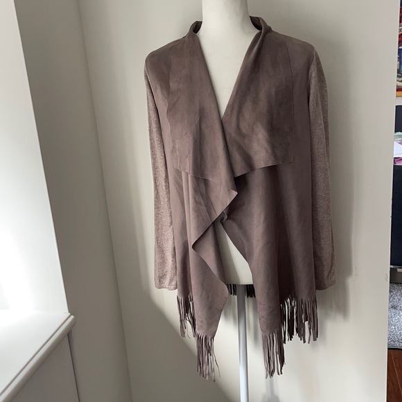 Muche et Muchette tan ultra suede and soft knit fringes waterfall cardigan - Picture 2 of 11